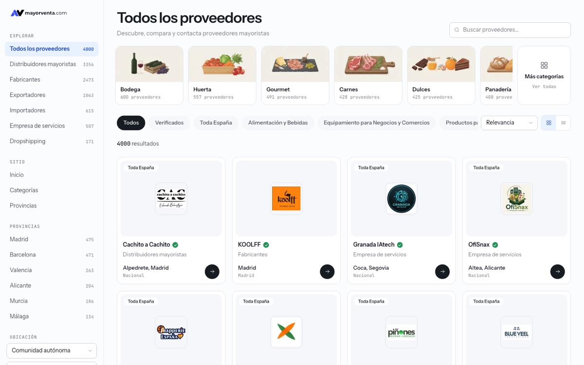 Каталог поставщиков MayorVenta с фильтрами